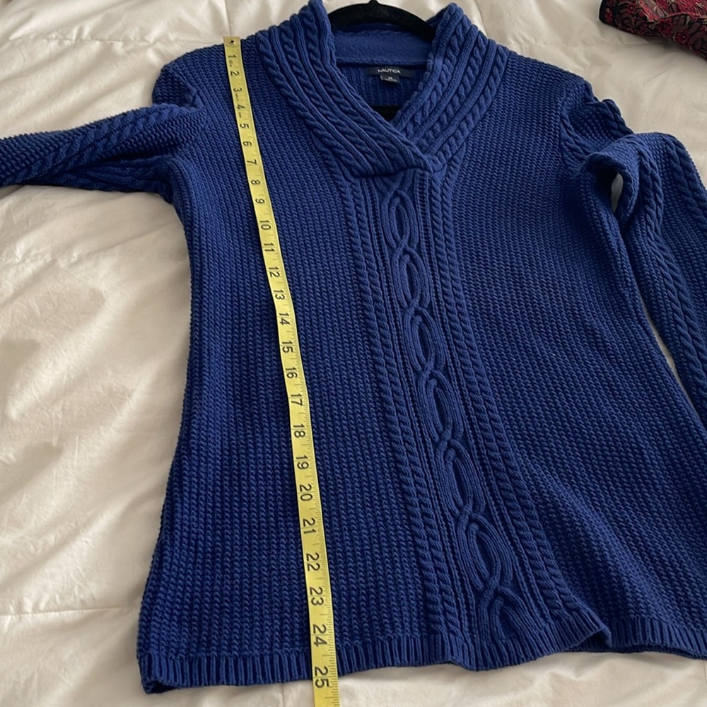 Nautica Women’s Blue V Neck Cotton Knit Cable Sweater - Picture 5 of 13